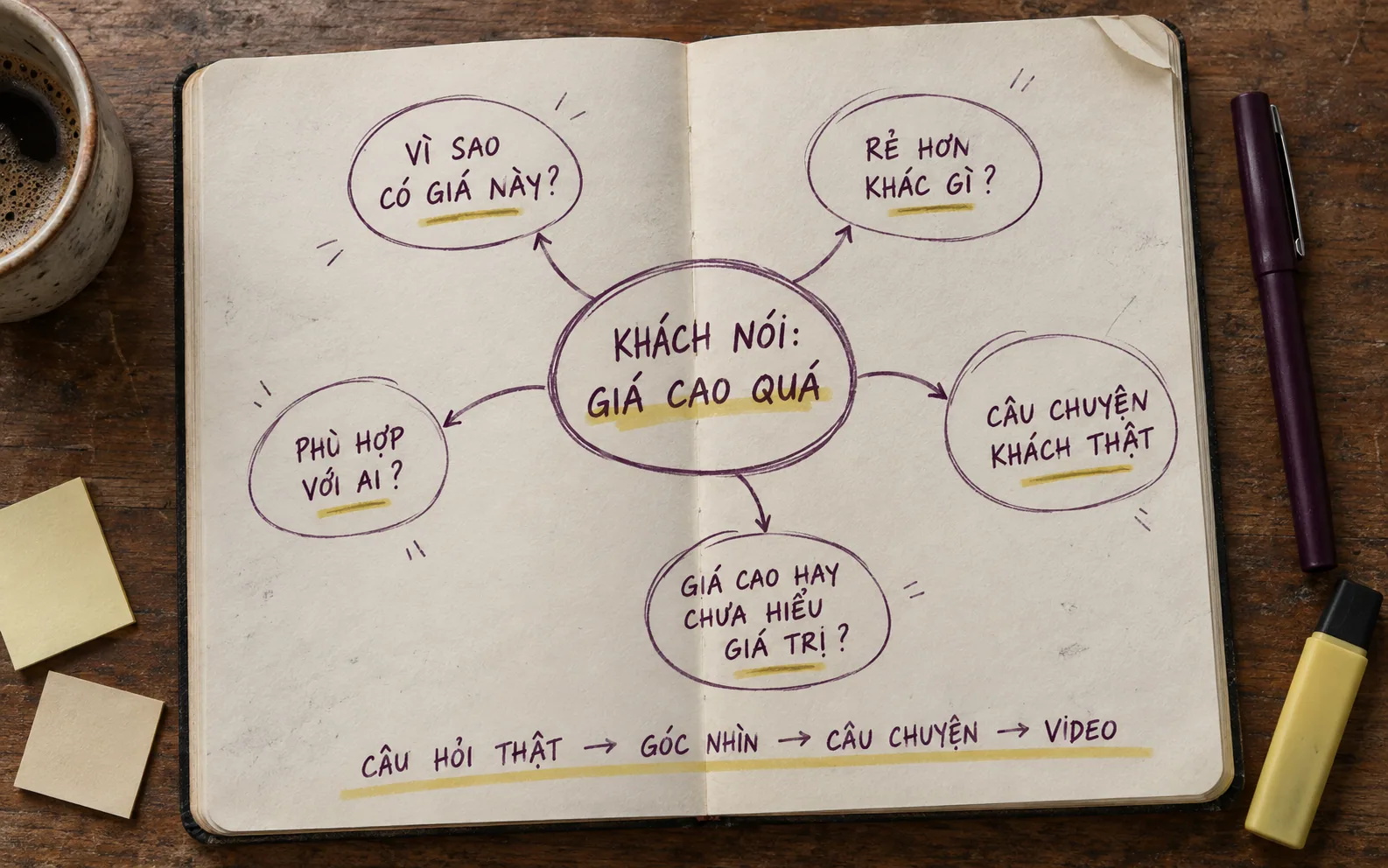 Sổ tay mind map biến câu hỏi giá cao của khách thành nhiều ý tưởng video